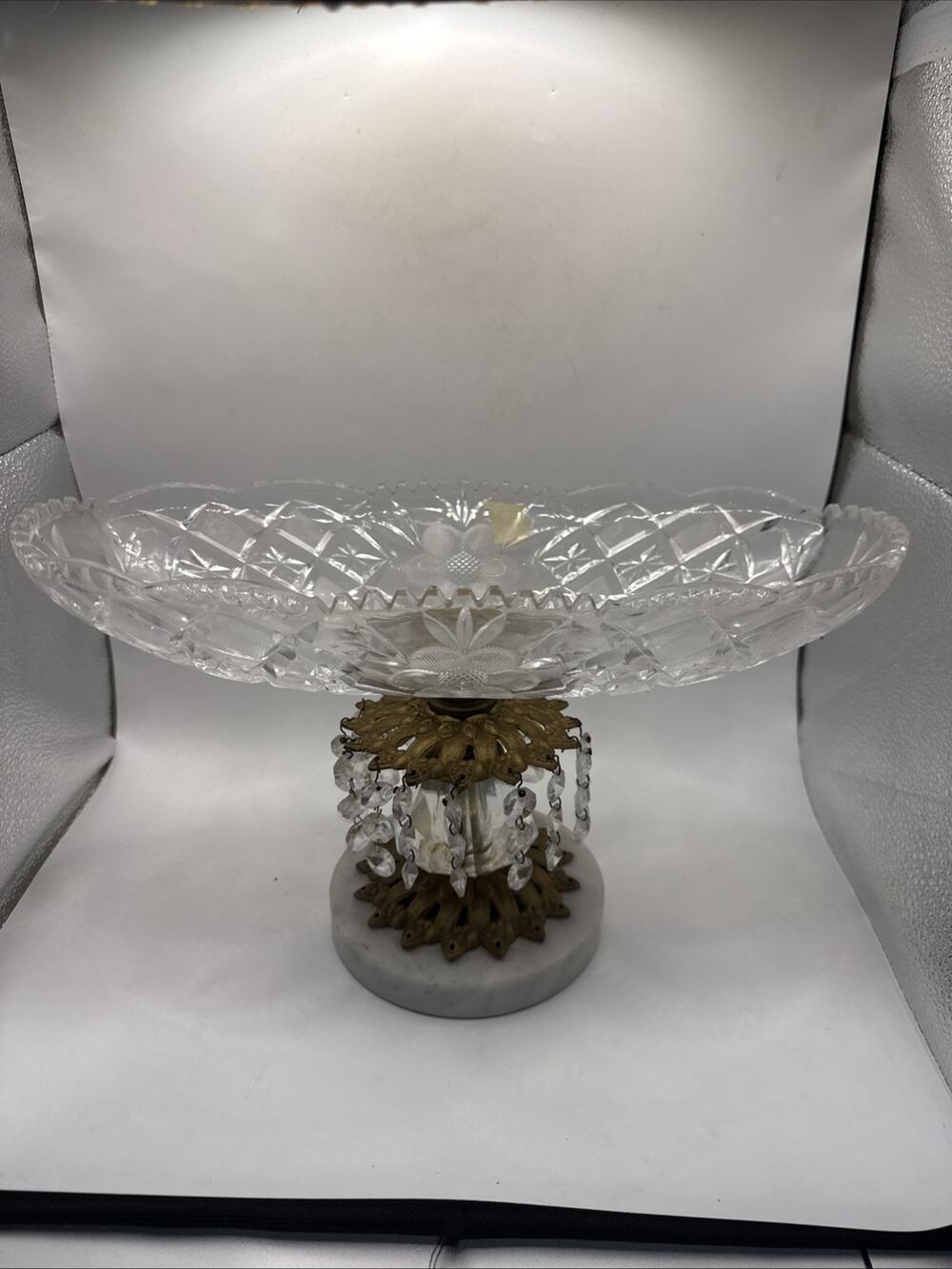 Vintage Hollywood Regency Crystal Brass Marble 7.5”Candy Dish With Crystals *